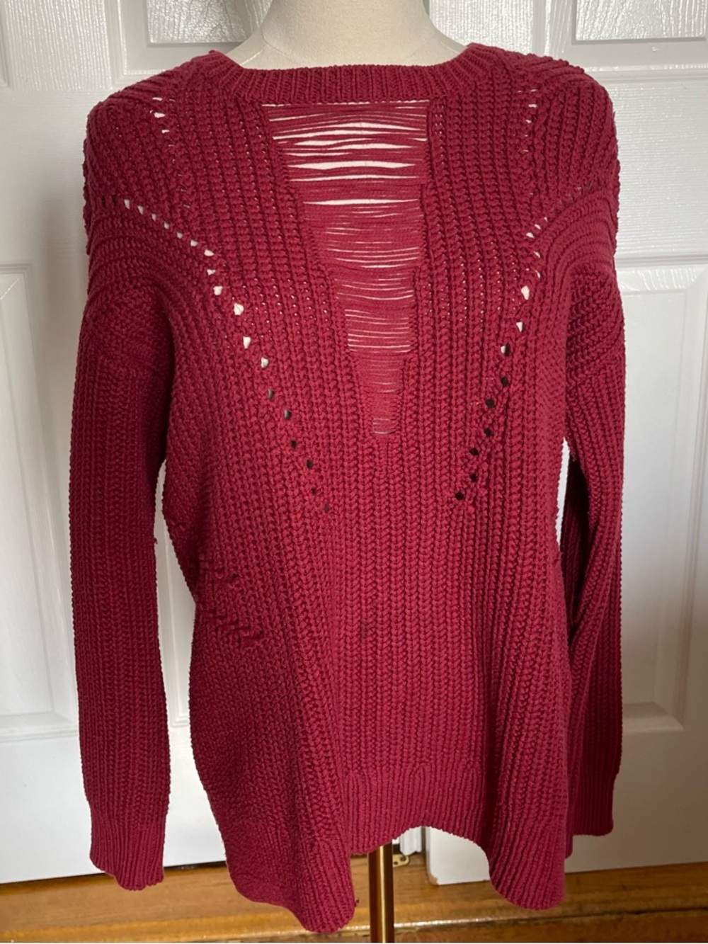 RACHEL Rachel Roy Distressed Scoop Knit Sweater - Burgundy